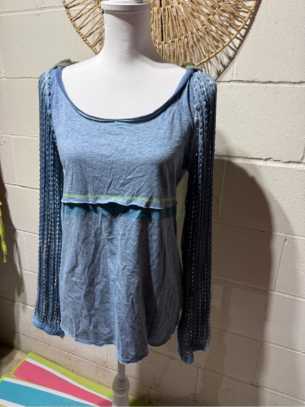 We The Free Light Blue Knit Tunic with Green Trim Boho